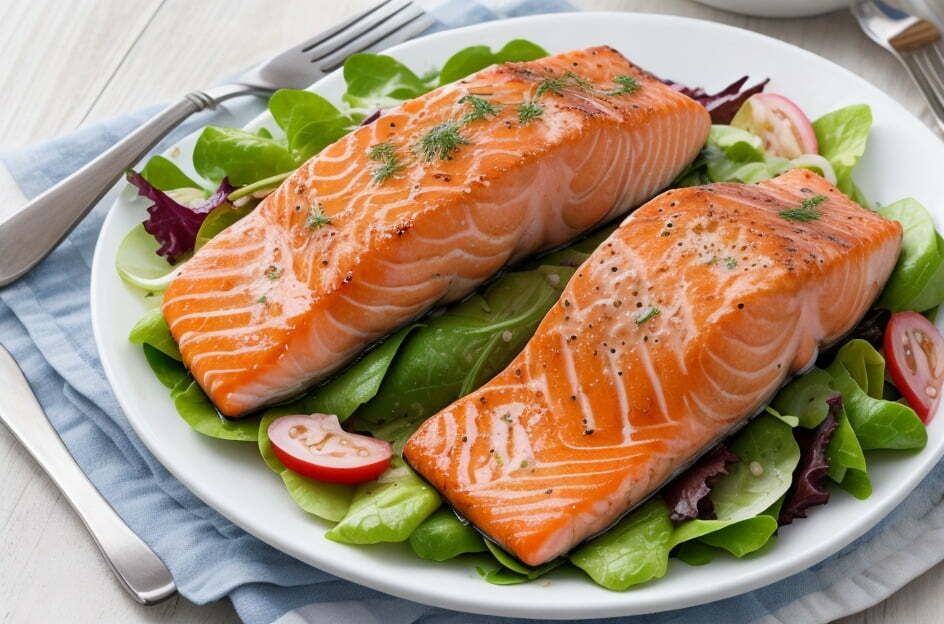 salmon steak with salad